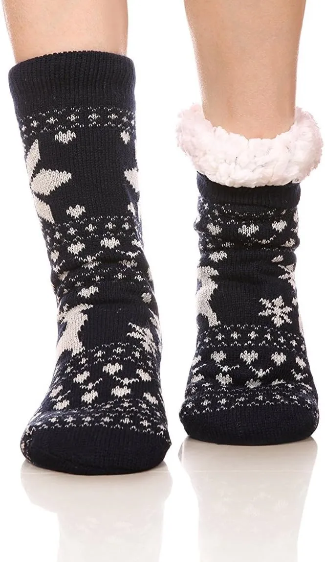 FRALOSHA Women's Slipper Socks Warm Fuzzy Fleece-lined Indoor Anti-Skid Floor Socks 3 Pairs Christmas Gift
