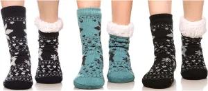 FRALOSHA Women's Slipper Socks Warm Fuzzy Fleece-lined Indoor Anti-Skid Floor Socks 3 Pairs Christmas Gift