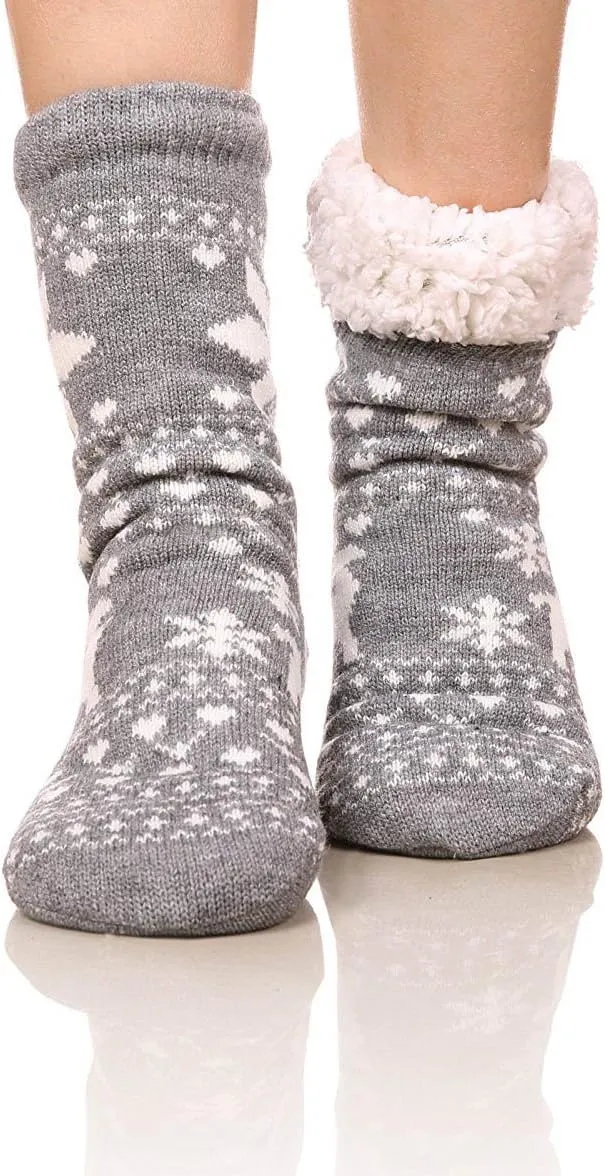 FRALOSHA Women's Slipper Socks Warm Fuzzy Fleece-lined Indoor Anti-Skid Floor Socks 3 Pairs Christmas Gift
