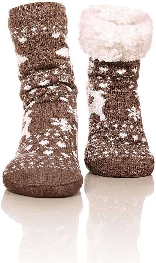 FRALOSHA Women's Slipper Socks Warm Fuzzy Fleece-lined Indoor Anti-Skid Floor Socks 3 Pairs Christmas Gift