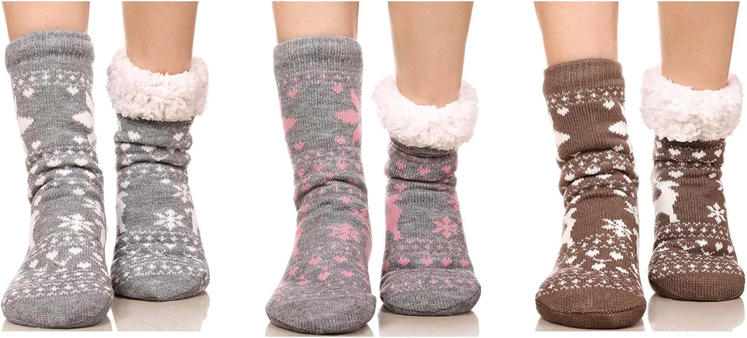 FRALOSHA Women's Slipper Socks Warm Fuzzy Fleece-lined Indoor Anti-Skid Floor Socks 3 Pairs Christmas Gift