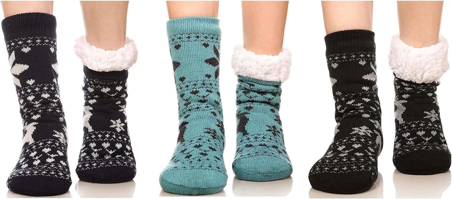 FRALOSHA Women's Slipper Socks Warm Fuzzy Fleece-lined Indoor Anti-Skid Floor Socks 3 Pairs Christmas Gift