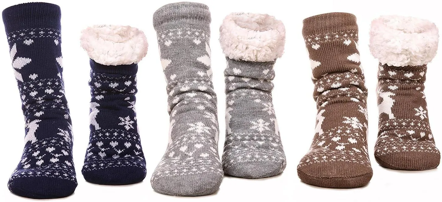 FRALOSHA Women's Slipper Socks Warm Fuzzy Fleece-lined Indoor Anti-Skid Floor Socks 3 Pairs Christmas Gift