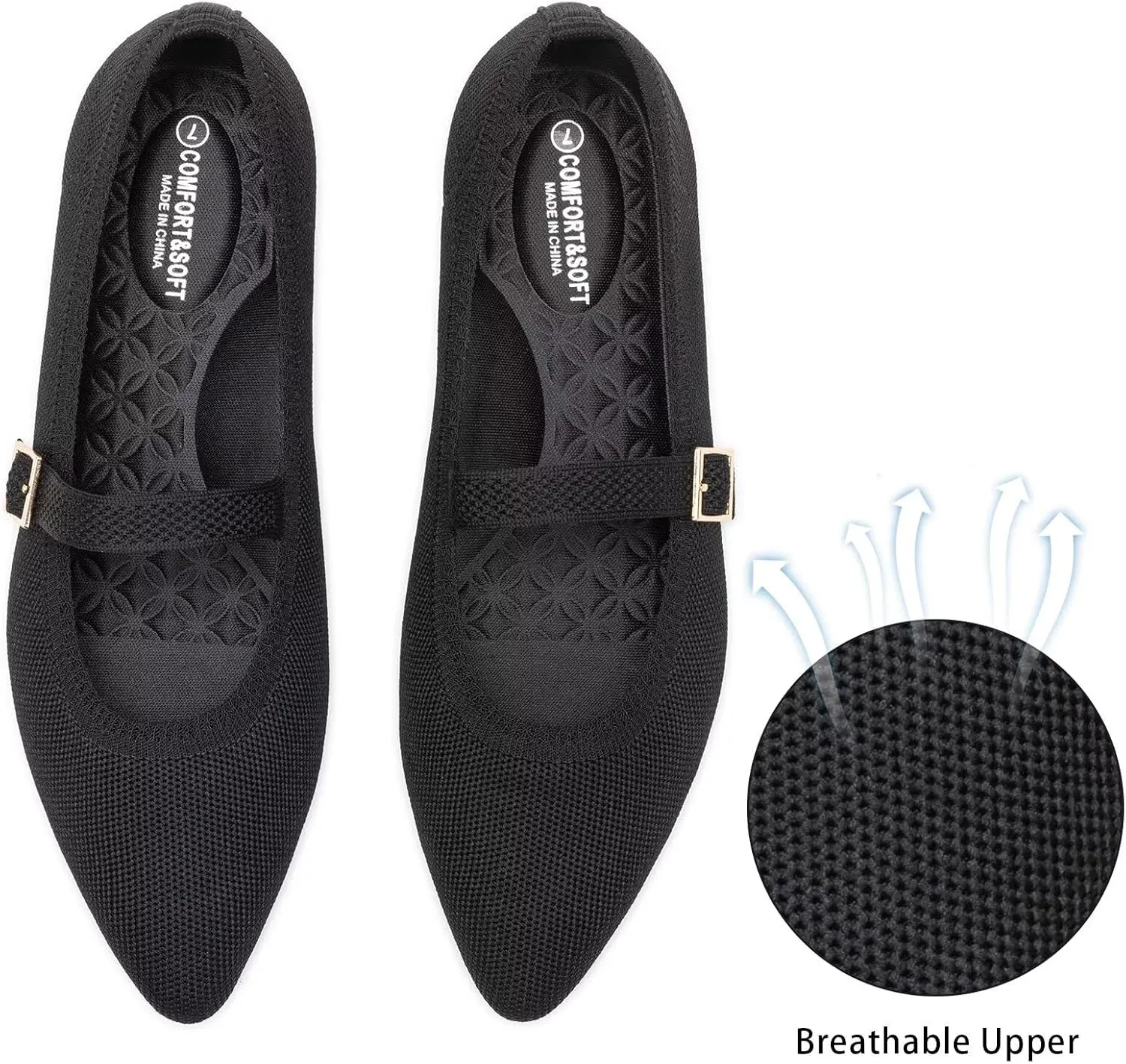 Frank Mully Women's Mesh Flats Mary Jane Shoes Pointed Toe Lightweight with Adjustable Instep Strap Knit Flat Shoes for Women Dressy Casual Washable Walking Shoes