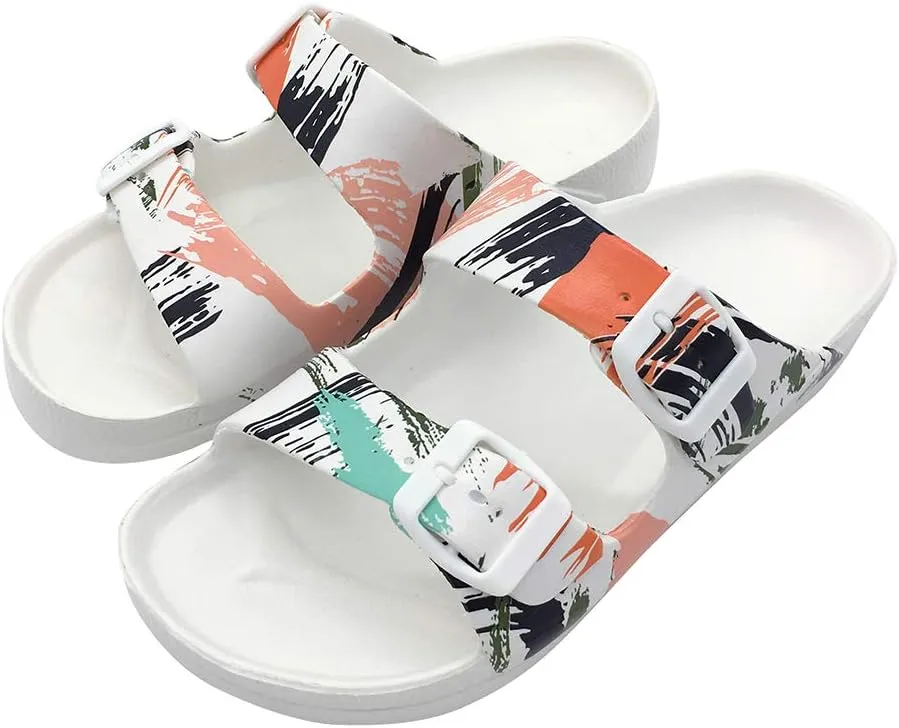 FUNKYMONKEY Women's Comfort Slides Double Buckle Adjustable Plastics Flat Sandals