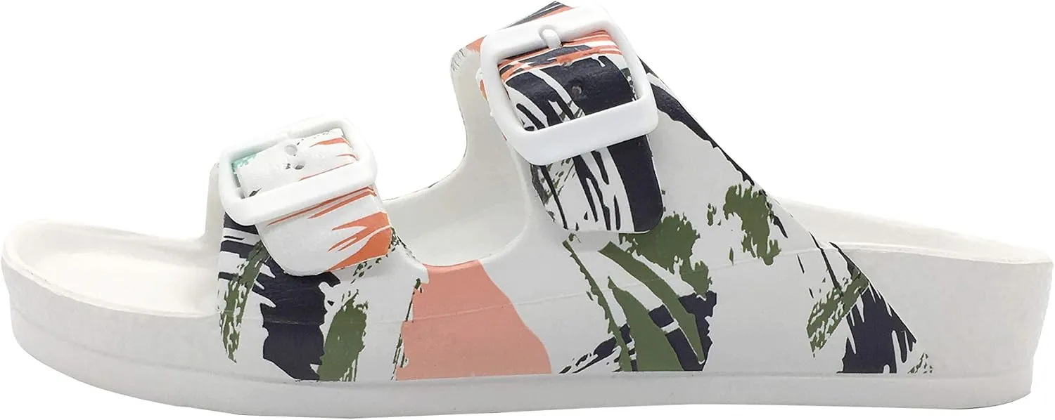 FUNKYMONKEY Women's Comfort Slides Double Buckle Adjustable Plastics Flat Sandals