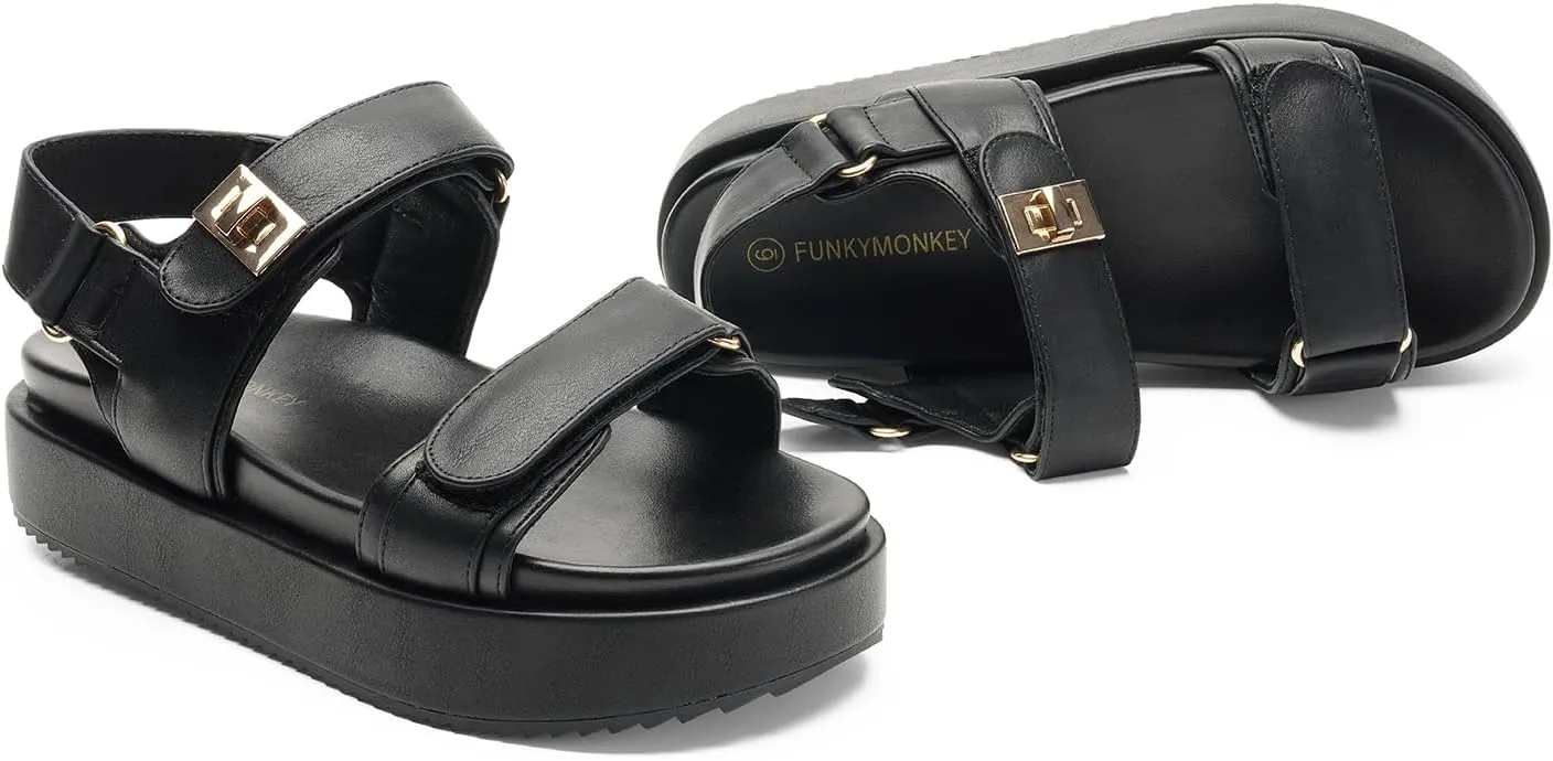 FUNKYMONKEY Women's Double Strap Adjustable Hook and Loop Thick Soled Sandals for Summer Casual