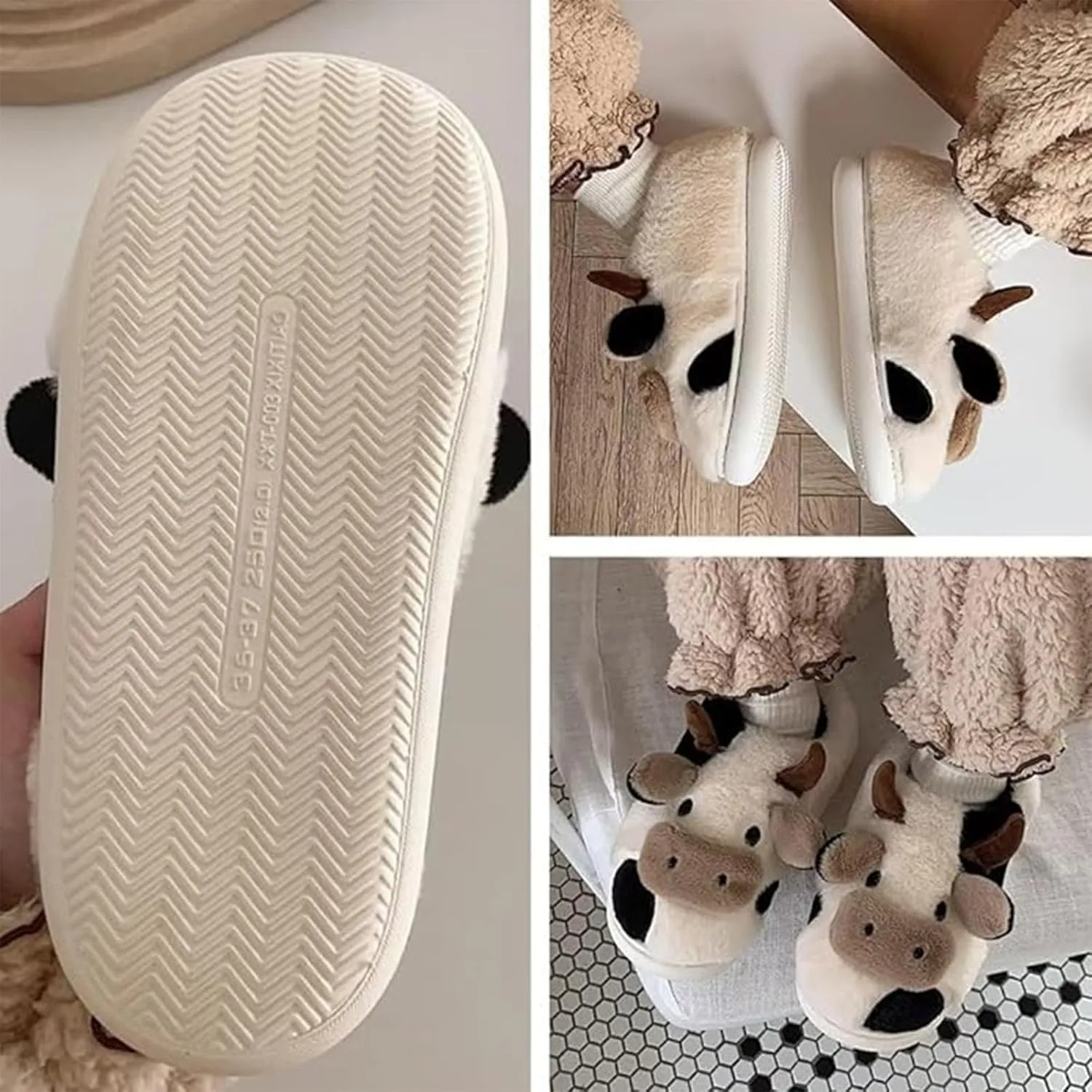Fuzzy Cow Slippers for Women Men Adults, Fluffy Plush and Cozy Cotton House Slippers for Indoor Outdoor Bedroom, Warm Furry Cow Print Slipper for Winter Spring Fall
