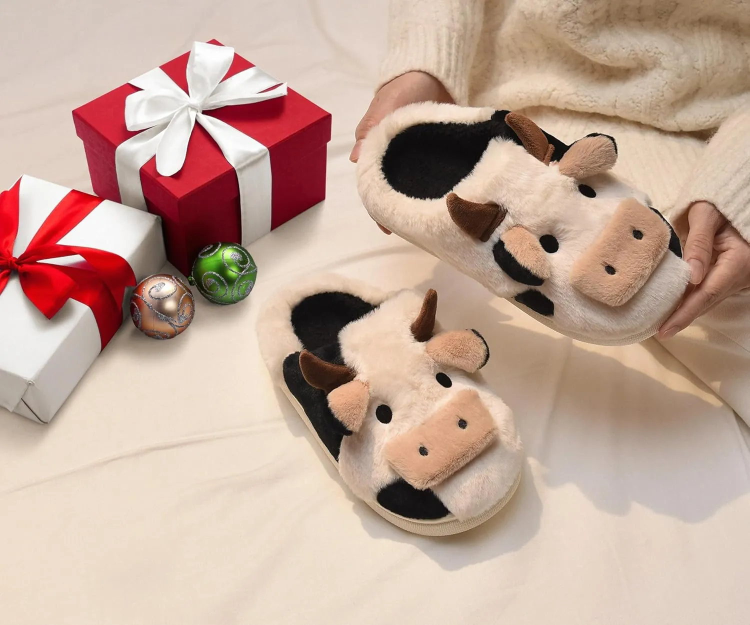 Fuzzy Cow Slippers for Women Men Adults, Fluffy Plush and Cozy Cotton House Slippers for Indoor Outdoor Bedroom, Warm Furry Cow Print Slipper for Winter Spring Fall