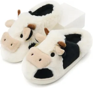 Fuzzy Cow Slippers for Women Men Adults, Fluffy Plush and Cozy Cotton House Slippers for Indoor Outdoor Bedroom, Warm Furry Cow Print Slipper for Winter Spring Fall