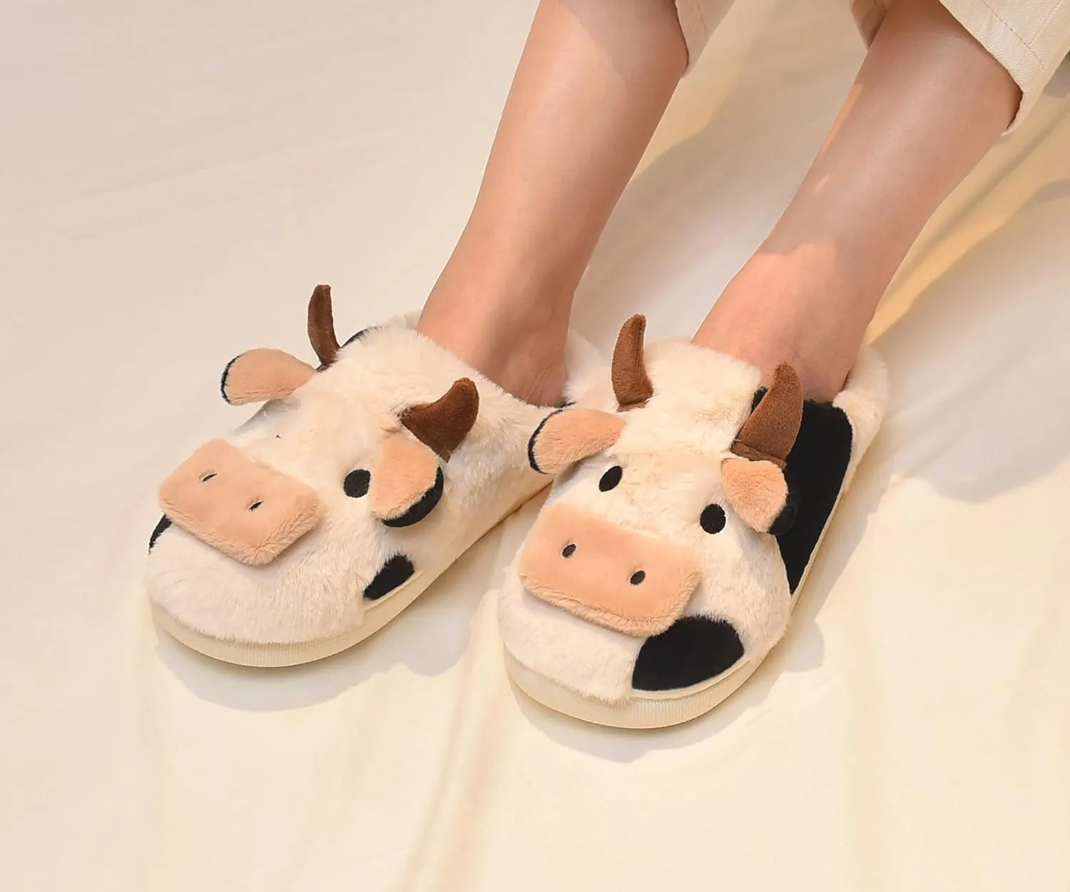 Fuzzy Cow Slippers for Women Men Adults, Fluffy Plush and Cozy Cotton House Slippers for Indoor Outdoor Bedroom, Warm Furry Cow Print Slipper for Winter Spring Fall