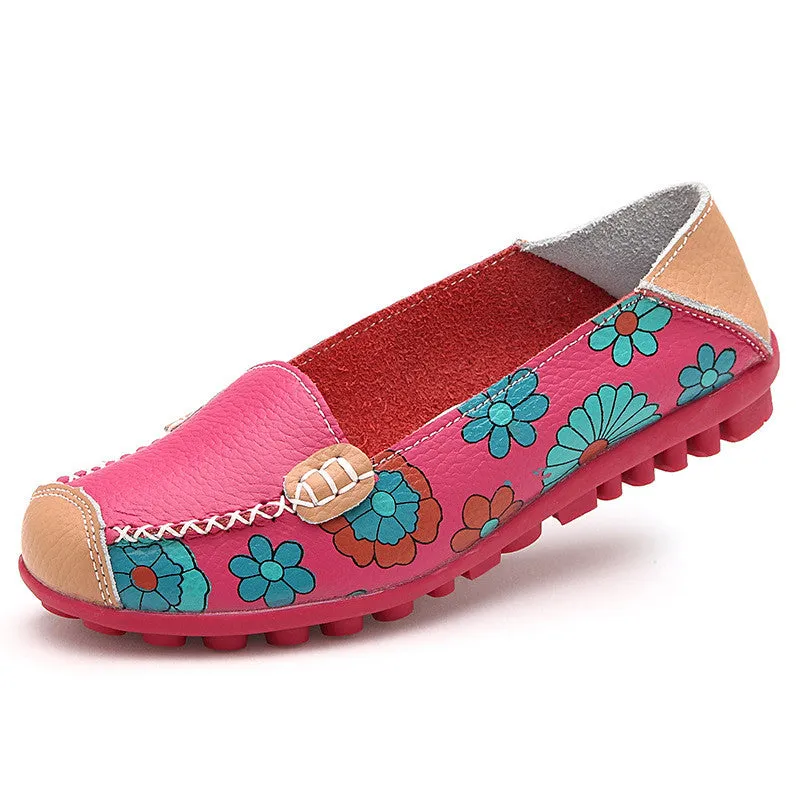 Genuine Shoes Flat Women  Woman Exclusive selection Flats 2017 Flower Summer Special edition sale Peas Loafer Cow  Nurse Print Flexible Leather Muscle Ballet