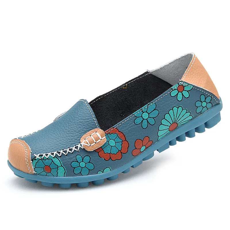 Genuine Shoes Flat Women  Woman Exclusive selection Flats 2017 Flower Summer Special edition sale Peas Loafer Cow  Nurse Print Flexible Leather Muscle Ballet