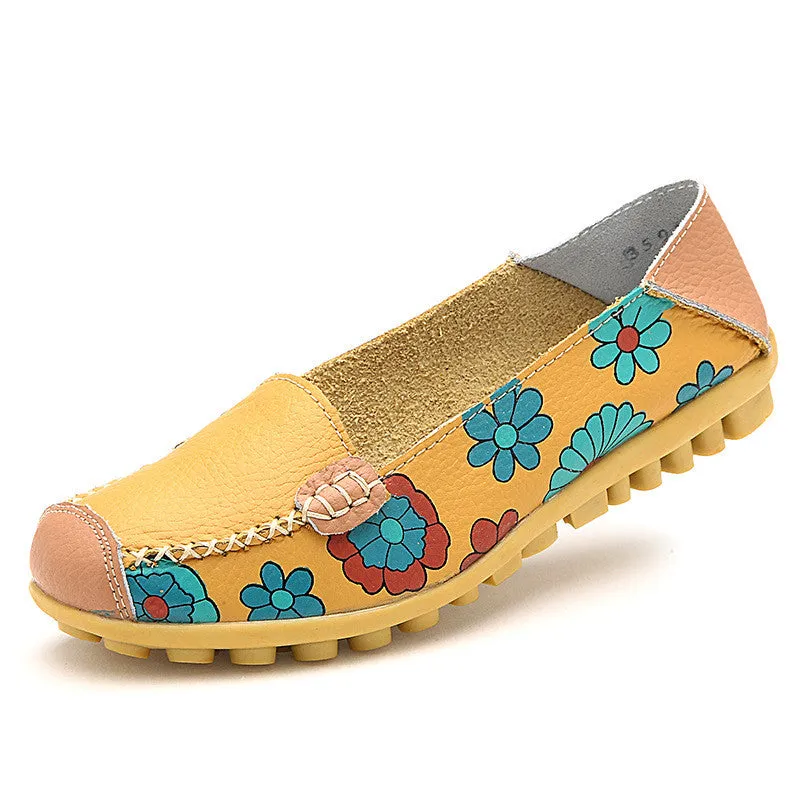 Genuine Shoes Flat Women  Woman Exclusive selection Flats 2017 Flower Summer Special edition sale Peas Loafer Cow  Nurse Print Flexible Leather Muscle Ballet