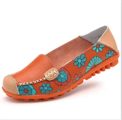 Genuine Shoes Flat Women  Woman Exclusive selection Flats 2017 Flower Summer Special edition sale Peas Loafer Cow  Nurse Print Flexible Leather Muscle Ballet