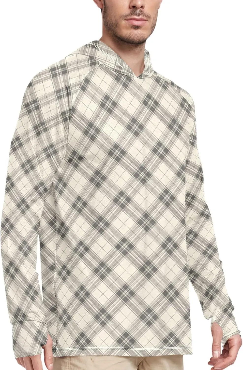 Gingham Men's Sun Shirt Hoodie Long Sleeve UPF 50 Mens Sun Shirt Active Wear Hooded UV Rashguard for Men