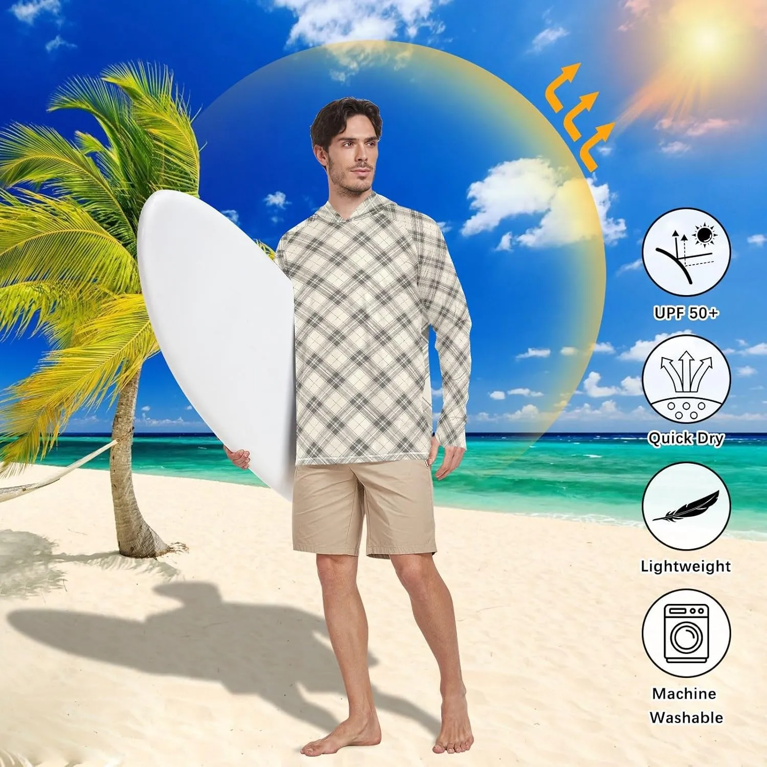 Gingham Men's Sun Shirt Hoodie Long Sleeve UPF 50 Mens Sun Shirt Active Wear Hooded UV Rashguard for Men