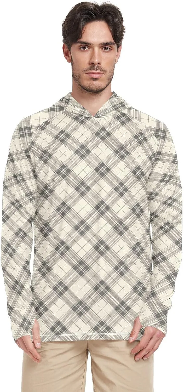 Gingham Men's Sun Shirt Hoodie Long Sleeve UPF 50 Mens Sun Shirt Active Wear Hooded UV Rashguard for Men
