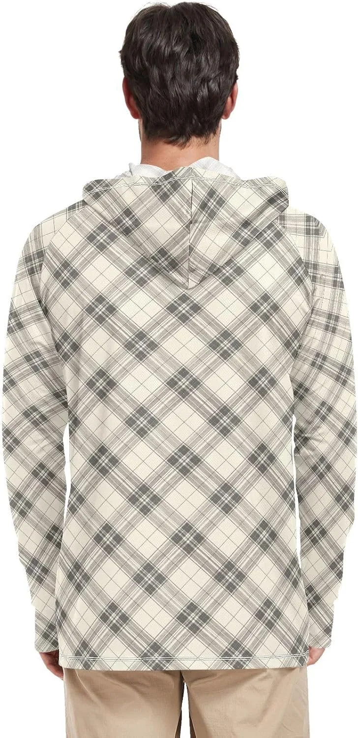 Gingham Men's Sun Shirt Hoodie Long Sleeve UPF 50 Mens Sun Shirt Active Wear Hooded UV Rashguard for Men