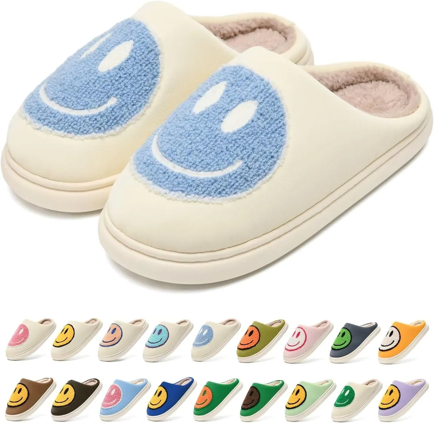 Giom 【New】 Soft Pu Leather Smiling Face Slippers for Women and Men, Retro Happy Face Slippers Big Size, Cozy Warm House Slippers, Slip-On Family Bedroom Slides, Winter Indoor Outdoor Slippers