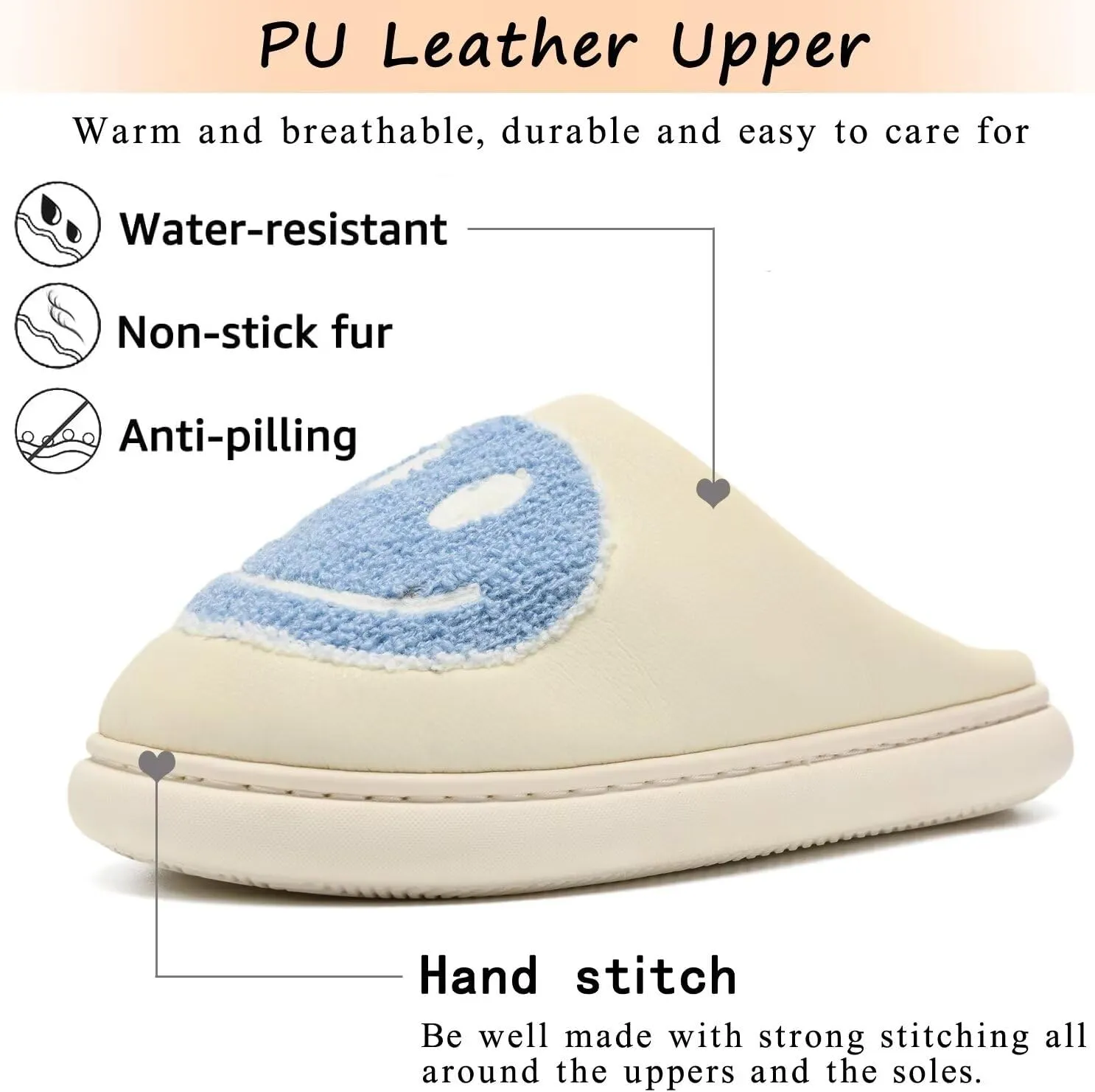 Giom 【New】 Soft Pu Leather Smiling Face Slippers for Women and Men, Retro Happy Face Slippers Big Size, Cozy Warm House Slippers, Slip-On Family Bedroom Slides, Winter Indoor Outdoor Slippers