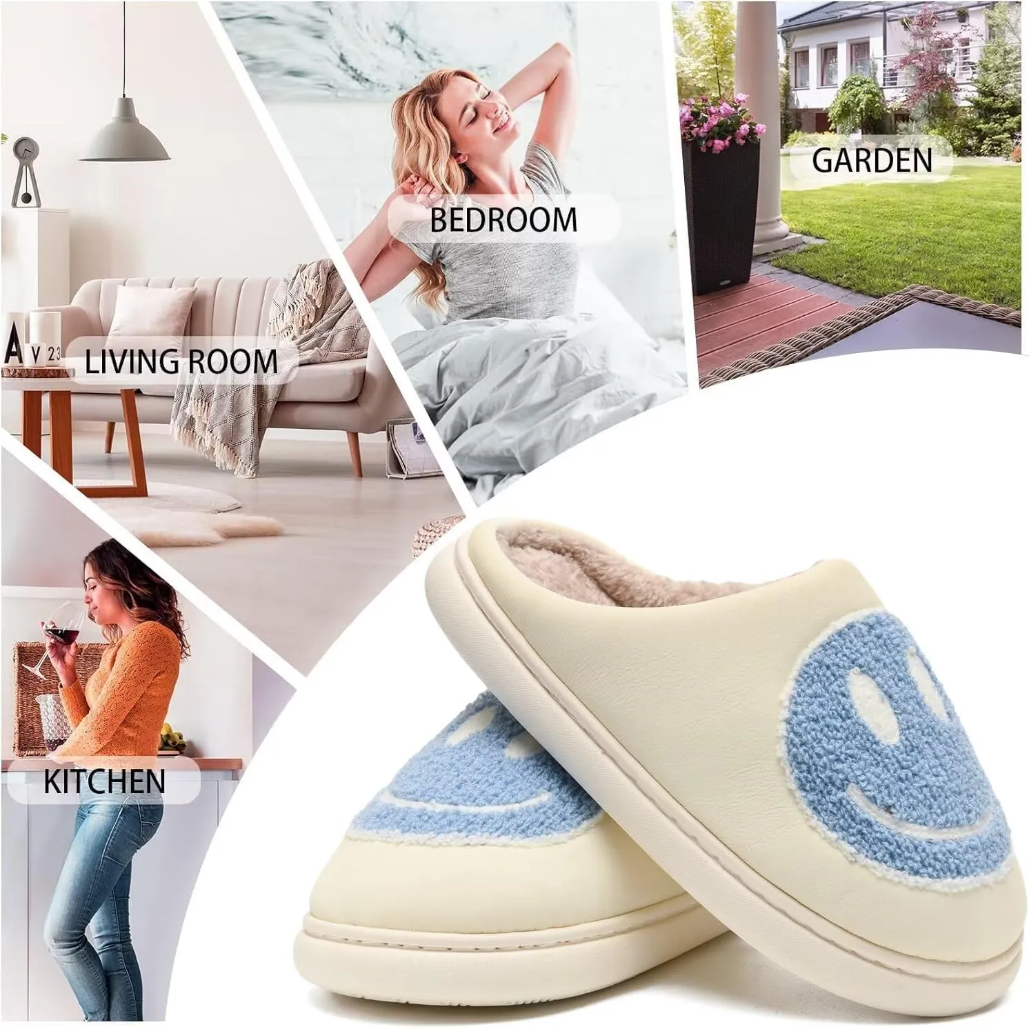 Giom 【New】 Soft Pu Leather Smiling Face Slippers for Women and Men, Retro Happy Face Slippers Big Size, Cozy Warm House Slippers, Slip-On Family Bedroom Slides, Winter Indoor Outdoor Slippers