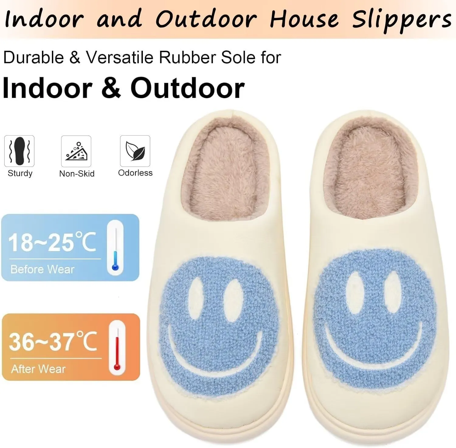 Giom 【New】 Soft Pu Leather Smiling Face Slippers for Women and Men, Retro Happy Face Slippers Big Size, Cozy Warm House Slippers, Slip-On Family Bedroom Slides, Winter Indoor Outdoor Slippers