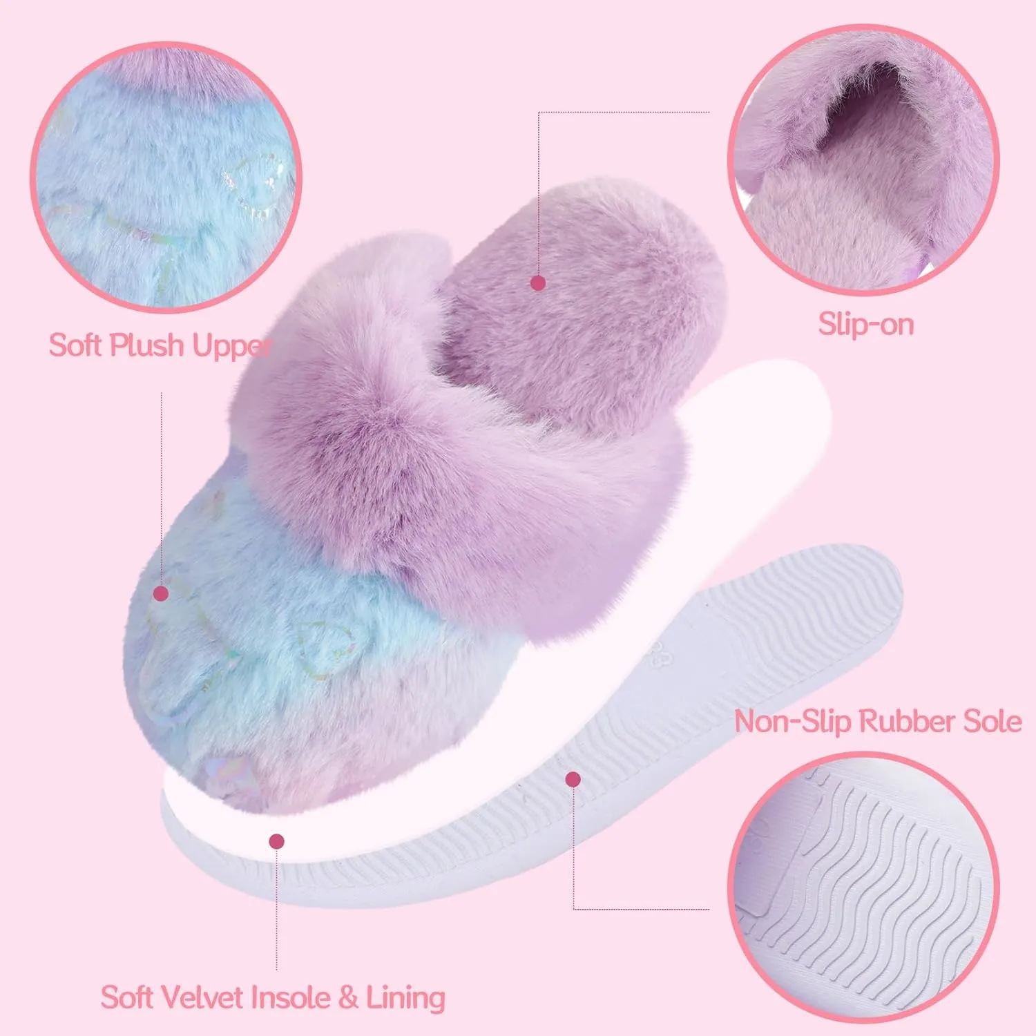 Girls Plush House Slippers Fluffy Multicolor Mermaid Slippers, Cute Faux Fur Slip-on Shoes Memory Foam House Slipper