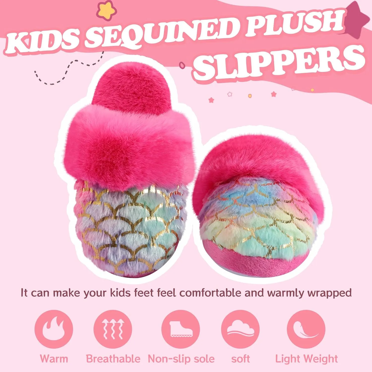 Girls Plush House Slippers Fluffy Multicolor Mermaid Slippers, Cute Faux Fur Slip-on Shoes Memory Foam House Slipper