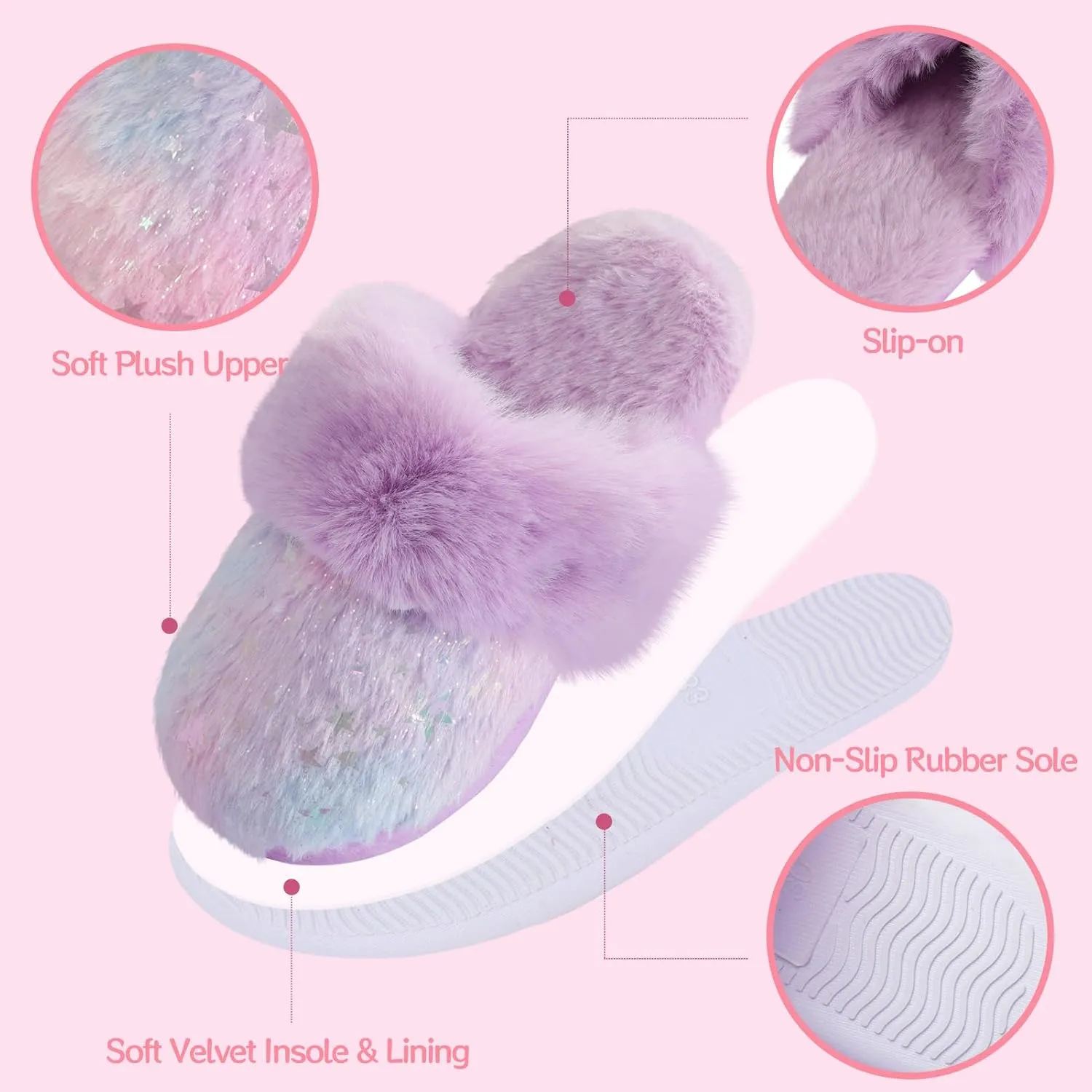 Girls Plush House Slippers Fluffy Multicolor Mermaid Slippers, Cute Faux Fur Slip-on Shoes Memory Foam House Slipper