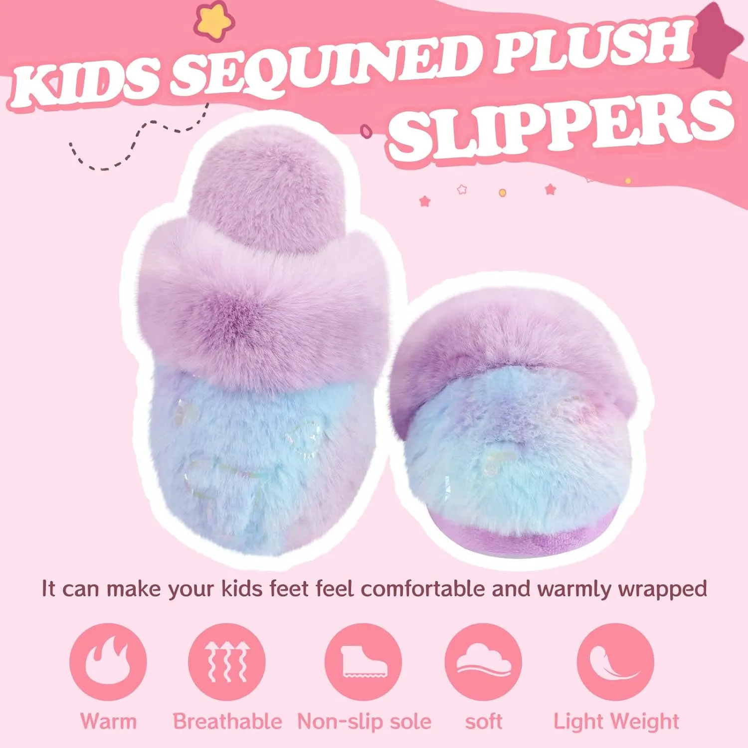 Girls Plush House Slippers Fluffy Multicolor Mermaid Slippers, Cute Faux Fur Slip-on Shoes Memory Foam House Slipper