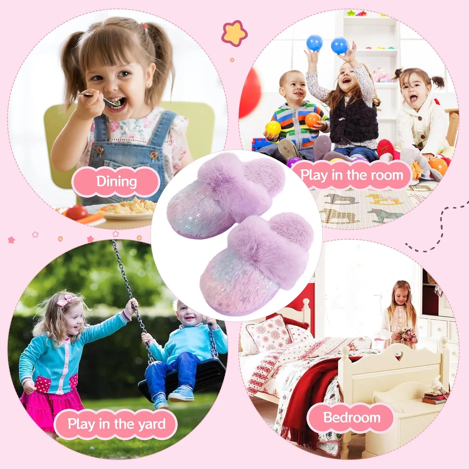 Girls Plush House Slippers Fluffy Multicolor Mermaid Slippers, Cute Faux Fur Slip-on Shoes Memory Foam House Slipper