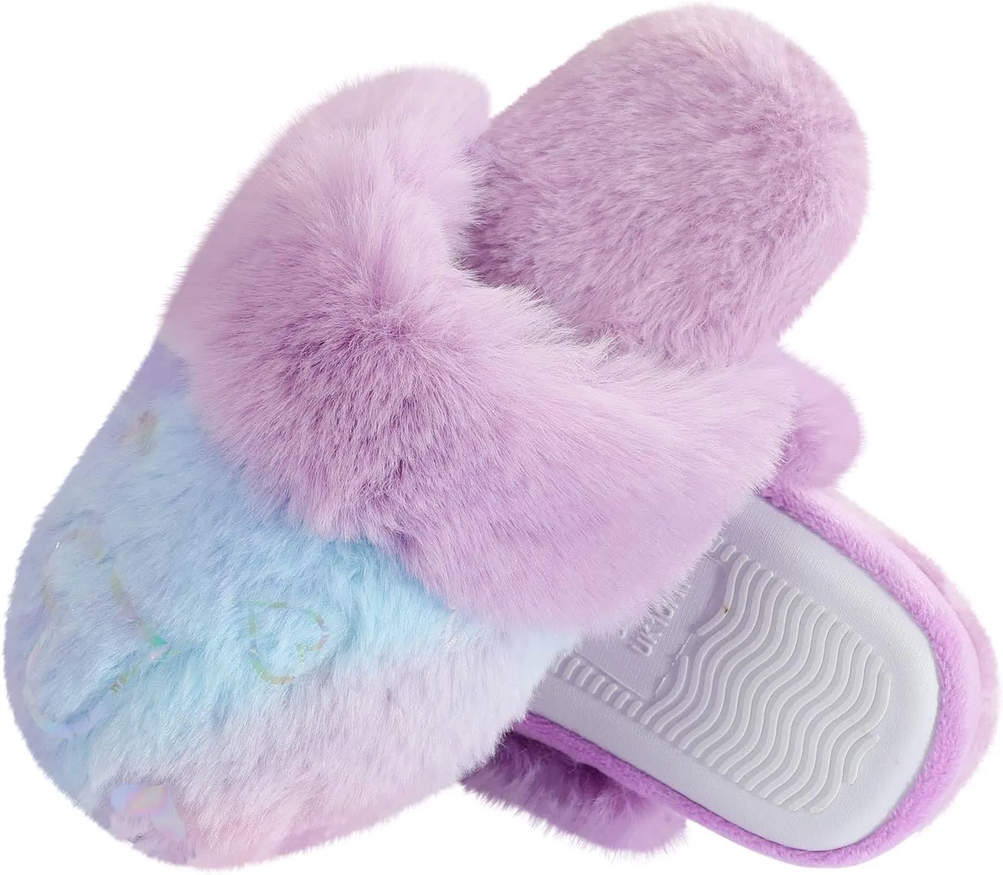 Girls Plush House Slippers Fluffy Multicolor Mermaid Slippers, Cute Faux Fur Slip-on Shoes Memory Foam House Slipper