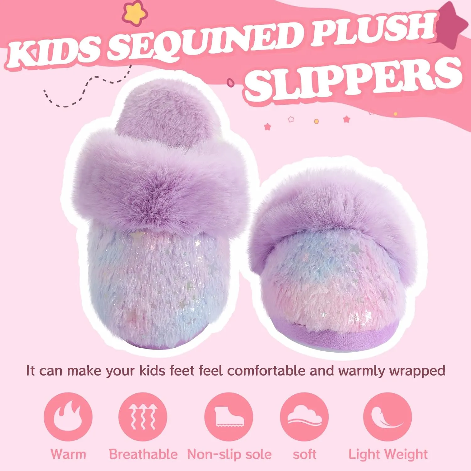 Girls Plush House Slippers Fluffy Multicolor Mermaid Slippers, Cute Faux Fur Slip-on Shoes Memory Foam House Slipper
