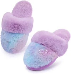 Girls Plush House Slippers Fluffy Multicolor Mermaid Slippers, Cute Faux Fur Slip-on Shoes Memory Foam House Slipper
