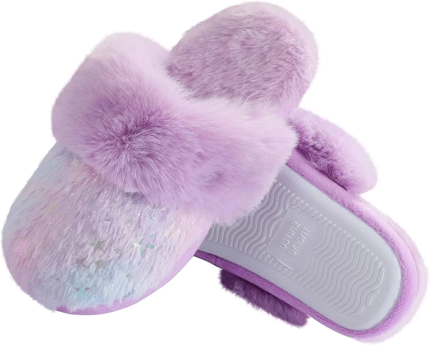 Girls Plush House Slippers Fluffy Multicolor Mermaid Slippers, Cute Faux Fur Slip-on Shoes Memory Foam House Slipper