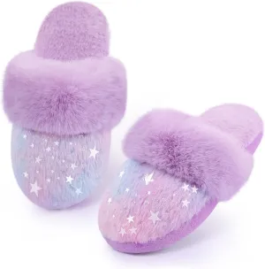 Girls Plush House Slippers Fluffy Multicolor Mermaid Slippers, Cute Faux Fur Slip-on Shoes Memory Foam House Slipper
