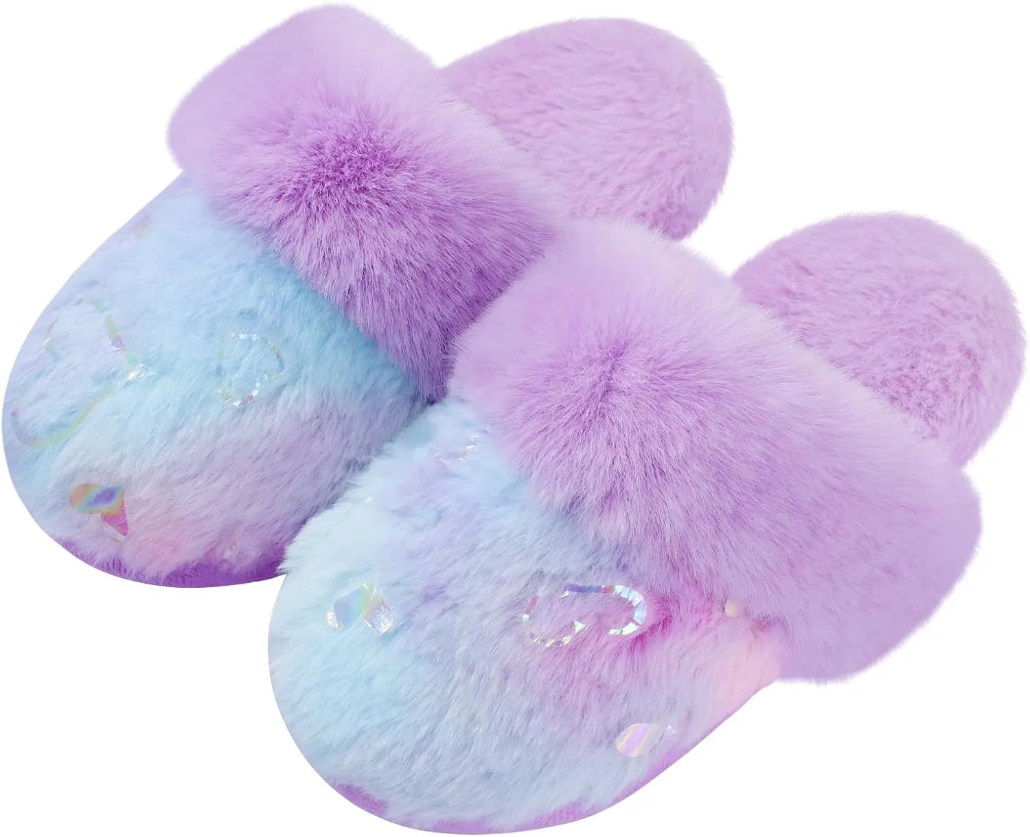 Girls Plush House Slippers Fluffy Multicolor Mermaid Slippers, Cute Faux Fur Slip-on Shoes Memory Foam House Slipper