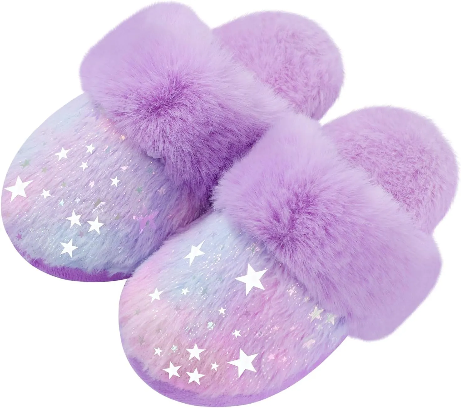 Girls Plush House Slippers Fluffy Multicolor Mermaid Slippers, Cute Faux Fur Slip-on Shoes Memory Foam House Slipper
