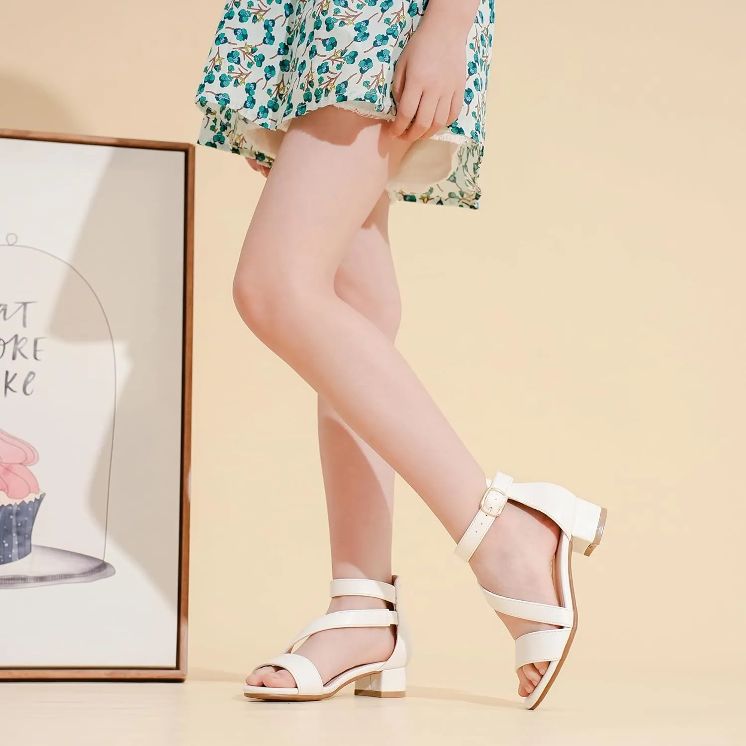 Girls Sandals Kids Heels Open Toe Ankle Strap Dress Shoes Flower Wedding Party for Toddler Little Big Kid