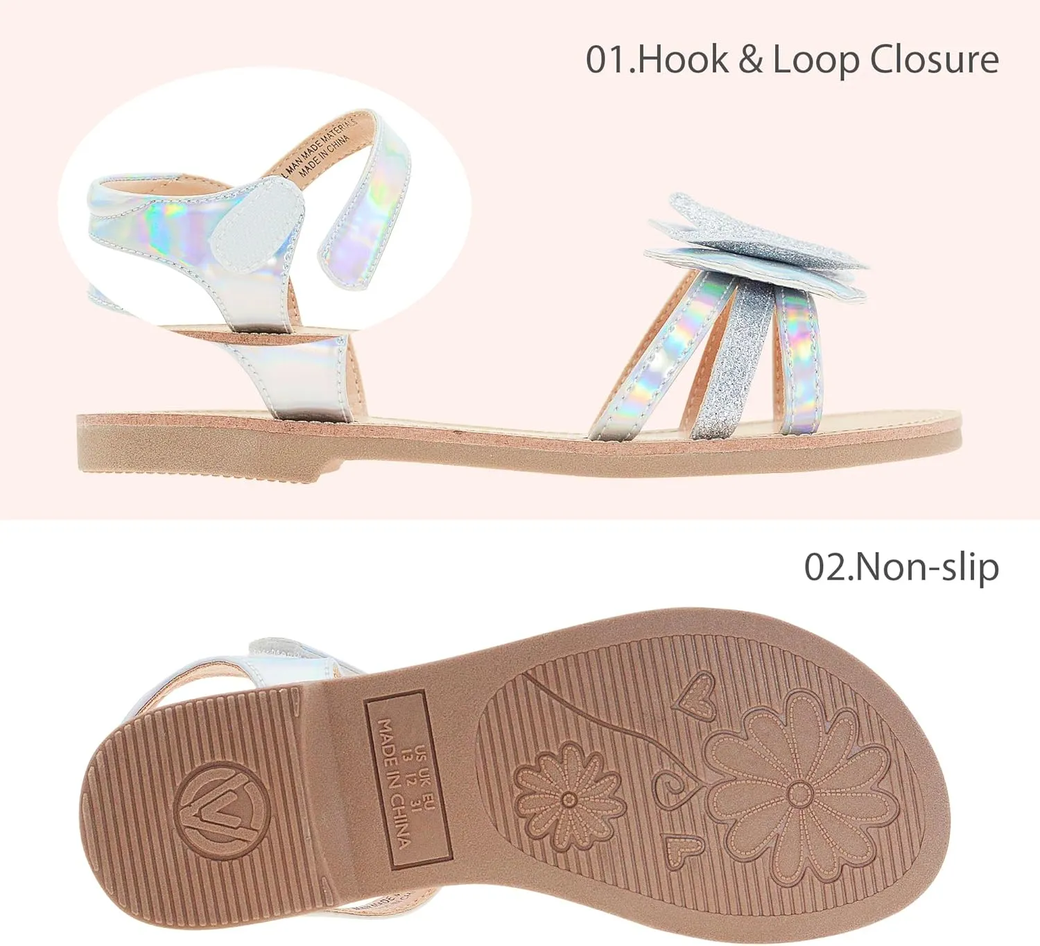 Girls Sandals Open Toe Flat Sandals for Girls Shiny Princess Sandals Wedding Party Shoes