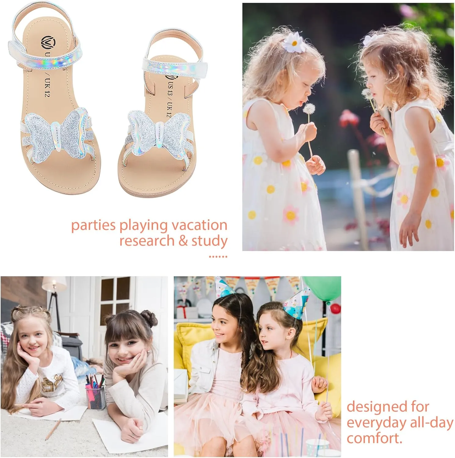 Girls Sandals Open Toe Flat Sandals for Girls Shiny Princess Sandals Wedding Party Shoes