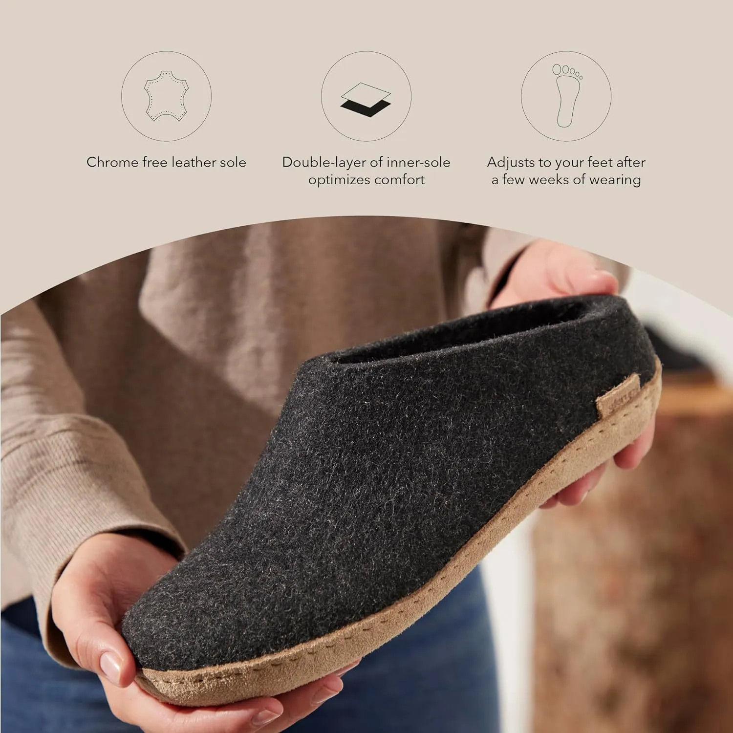 Glerups 100% high quality wool mix Slipper with leather sole - Unisex Slip-on