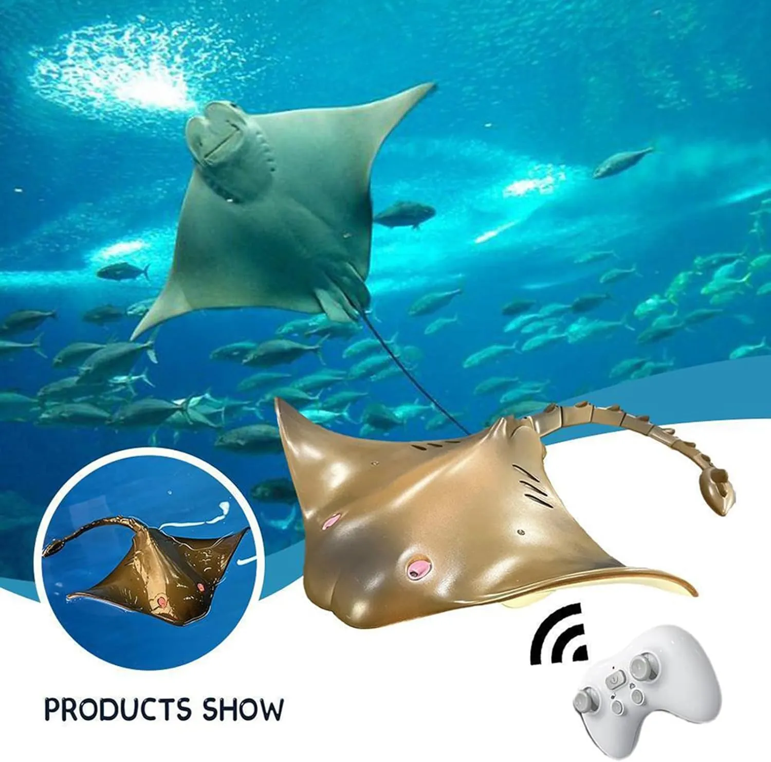 GoolRC Remote Control Shark Boat for Swimming Pool, 2.4G RC Stingray Toys for Kids Age 7-14, Sealed Waterproof RC Boat with Two Rechargeable Batteries High Simulation Animal Water Toys