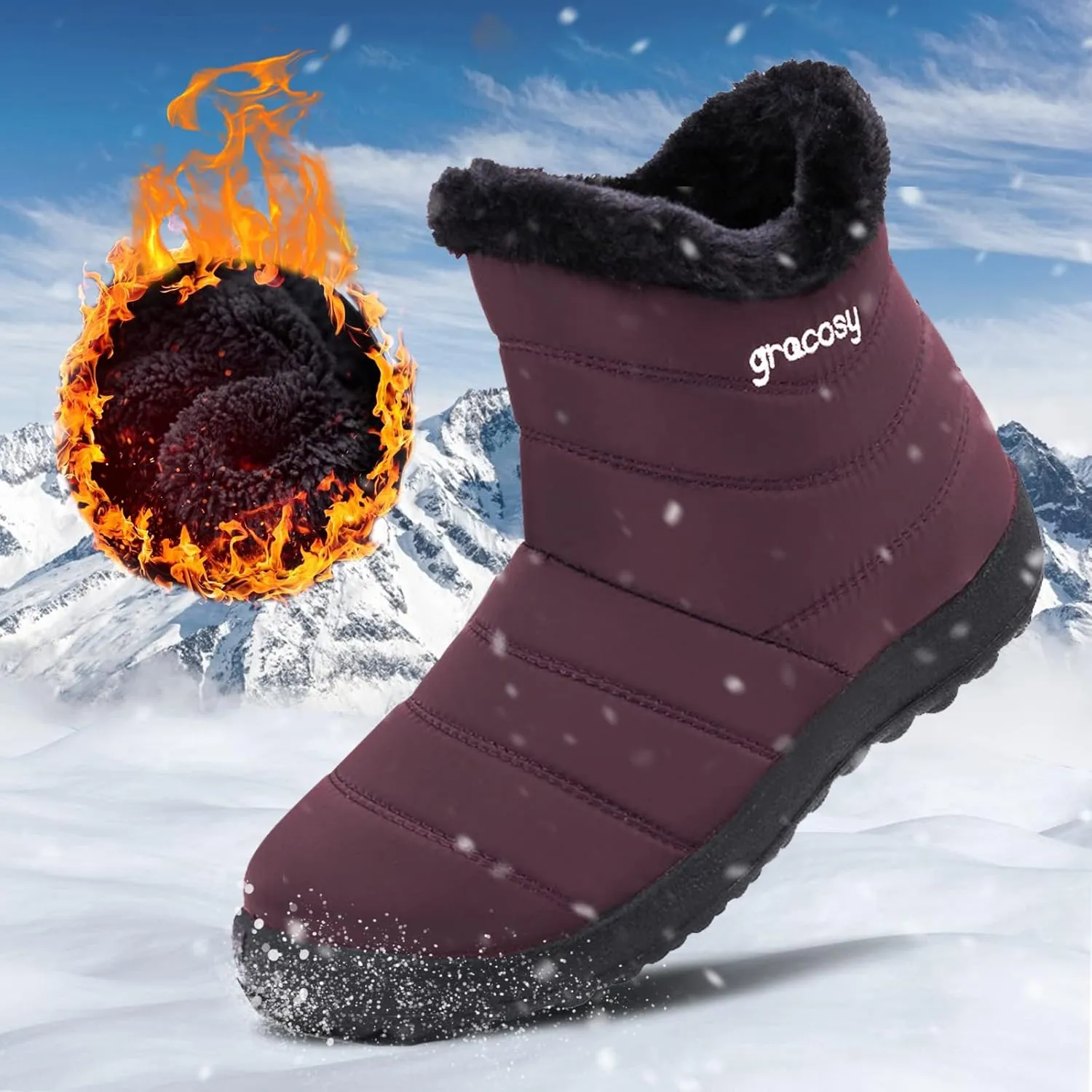 gracosy Snow Boots for Women, Warm Ankle Bootie Waterproof Outdoor Snow Anit-Slip Boots Slip On Lined Winter Shoes for Ladies