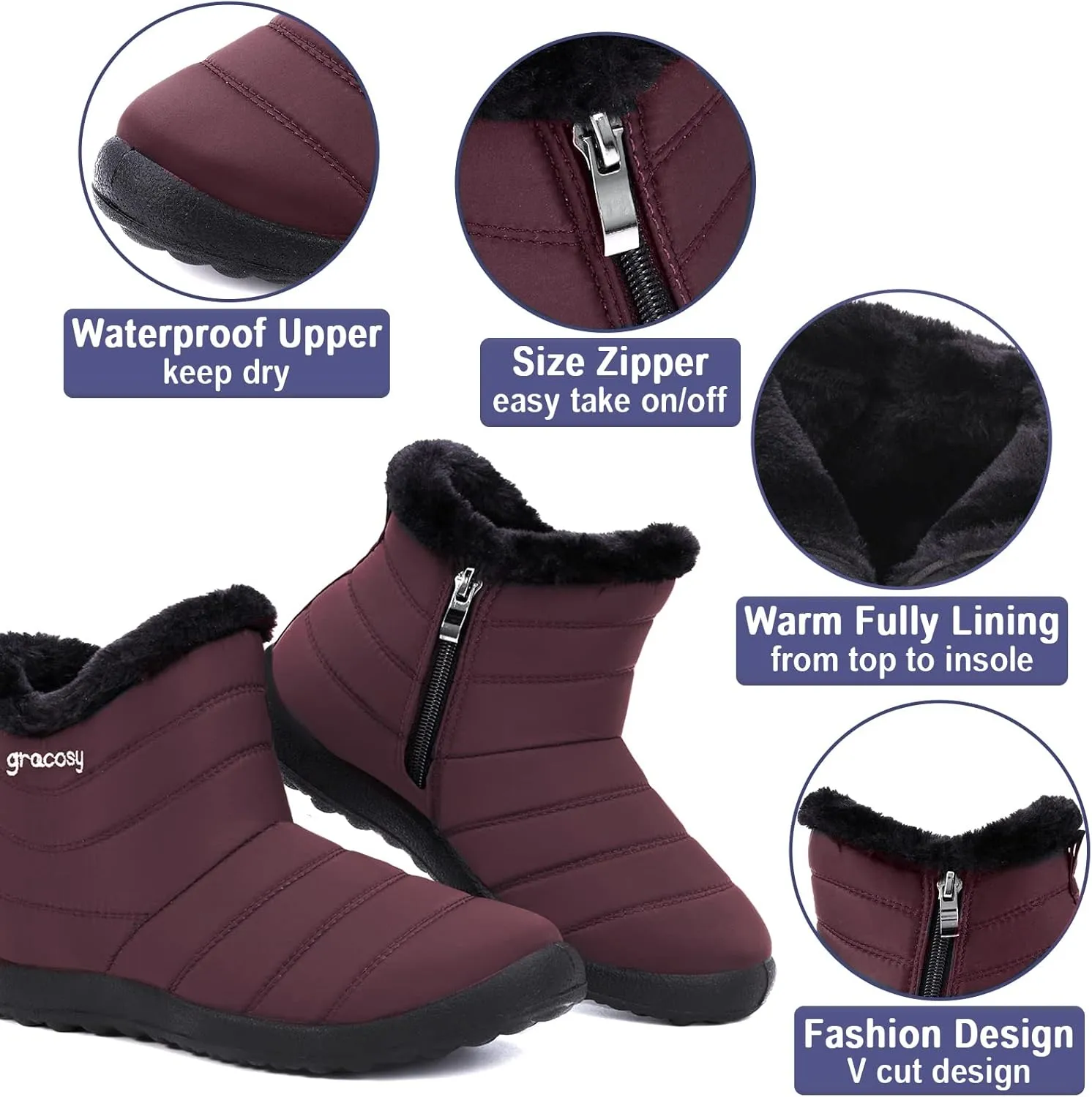 gracosy Snow Boots for Women, Warm Ankle Bootie Waterproof Outdoor Snow Anit-Slip Boots Slip On Lined Winter Shoes for Ladies