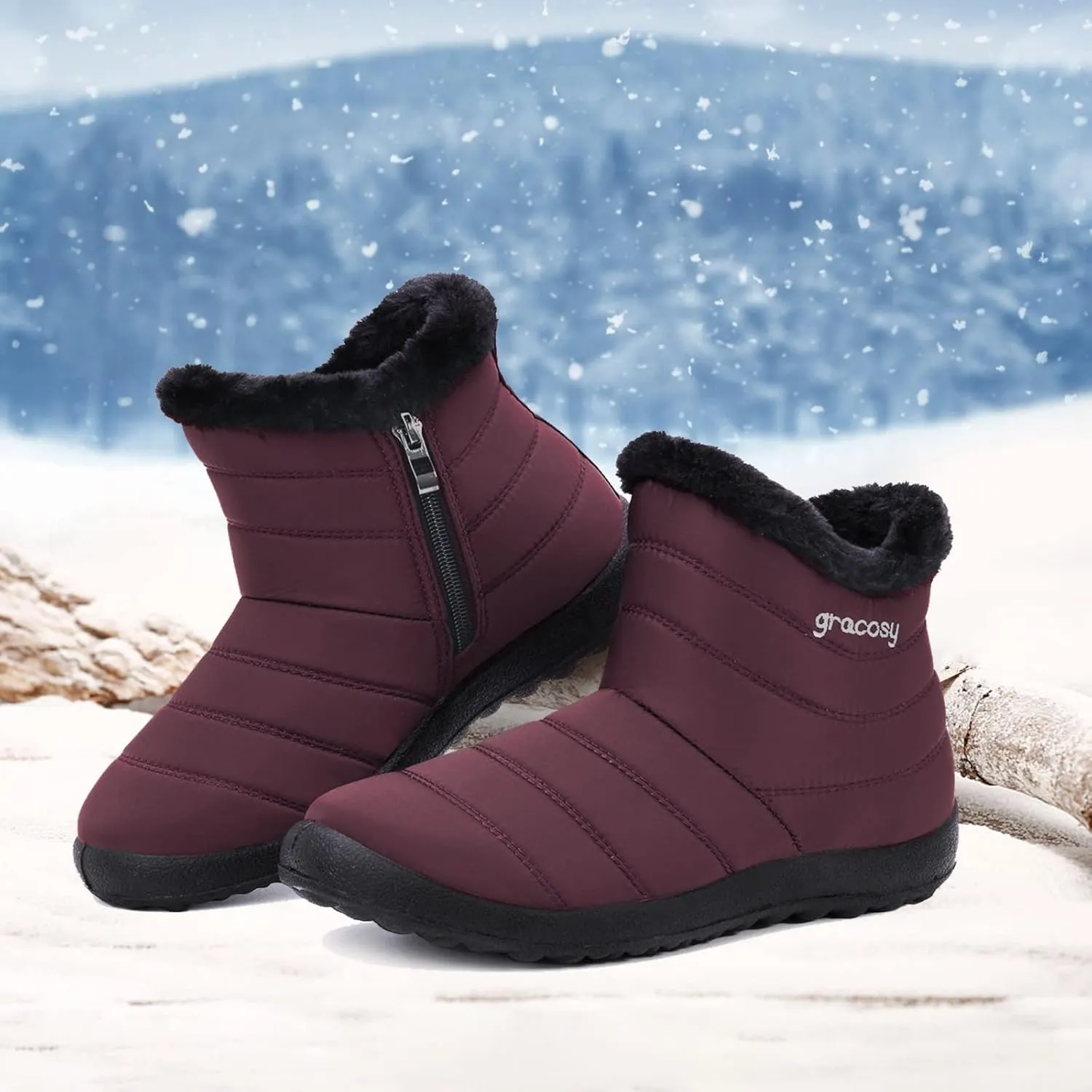 gracosy Snow Boots for Women, Warm Ankle Bootie Waterproof Outdoor Snow Anit-Slip Boots Slip On Lined Winter Shoes for Ladies