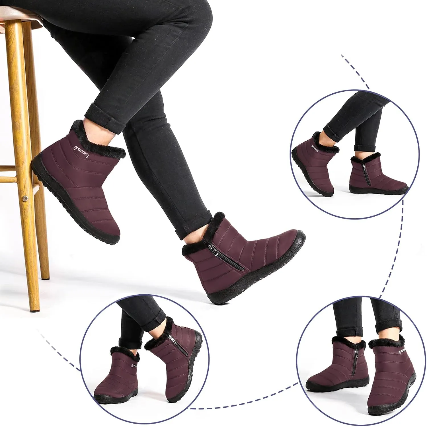 gracosy Snow Boots for Women, Warm Ankle Bootie Waterproof Outdoor Snow Anit-Slip Boots Slip On Lined Winter Shoes for Ladies