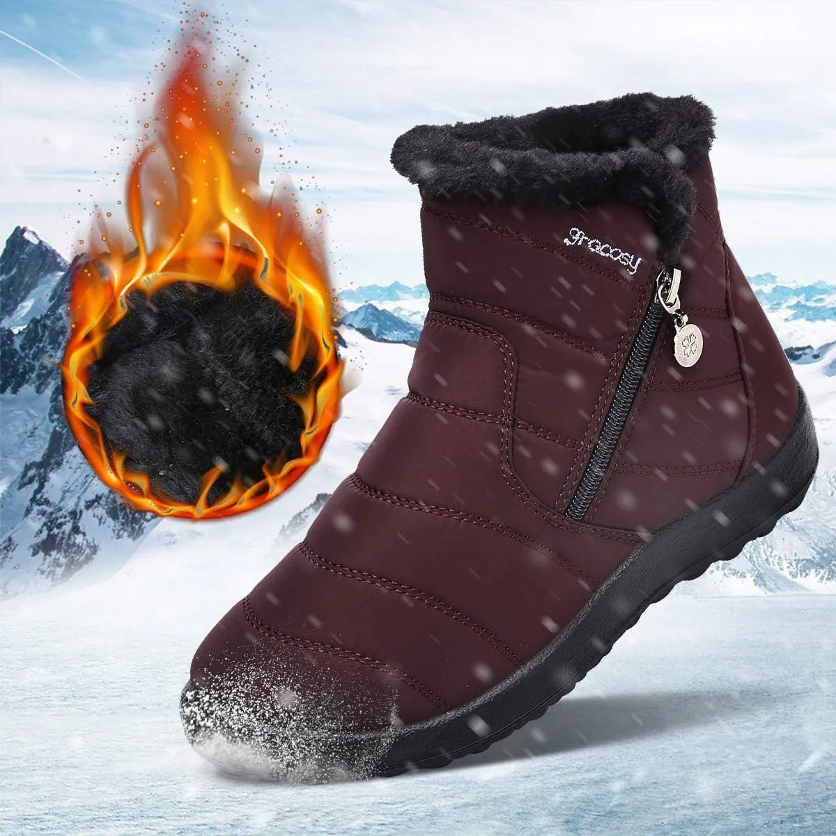 gracosy Warm Snow Boots, Women's Winter Ankle Bootie Anti-Slip Fur Lined Ankle Short Boots Waterproof Slip On Outdoor Shoes