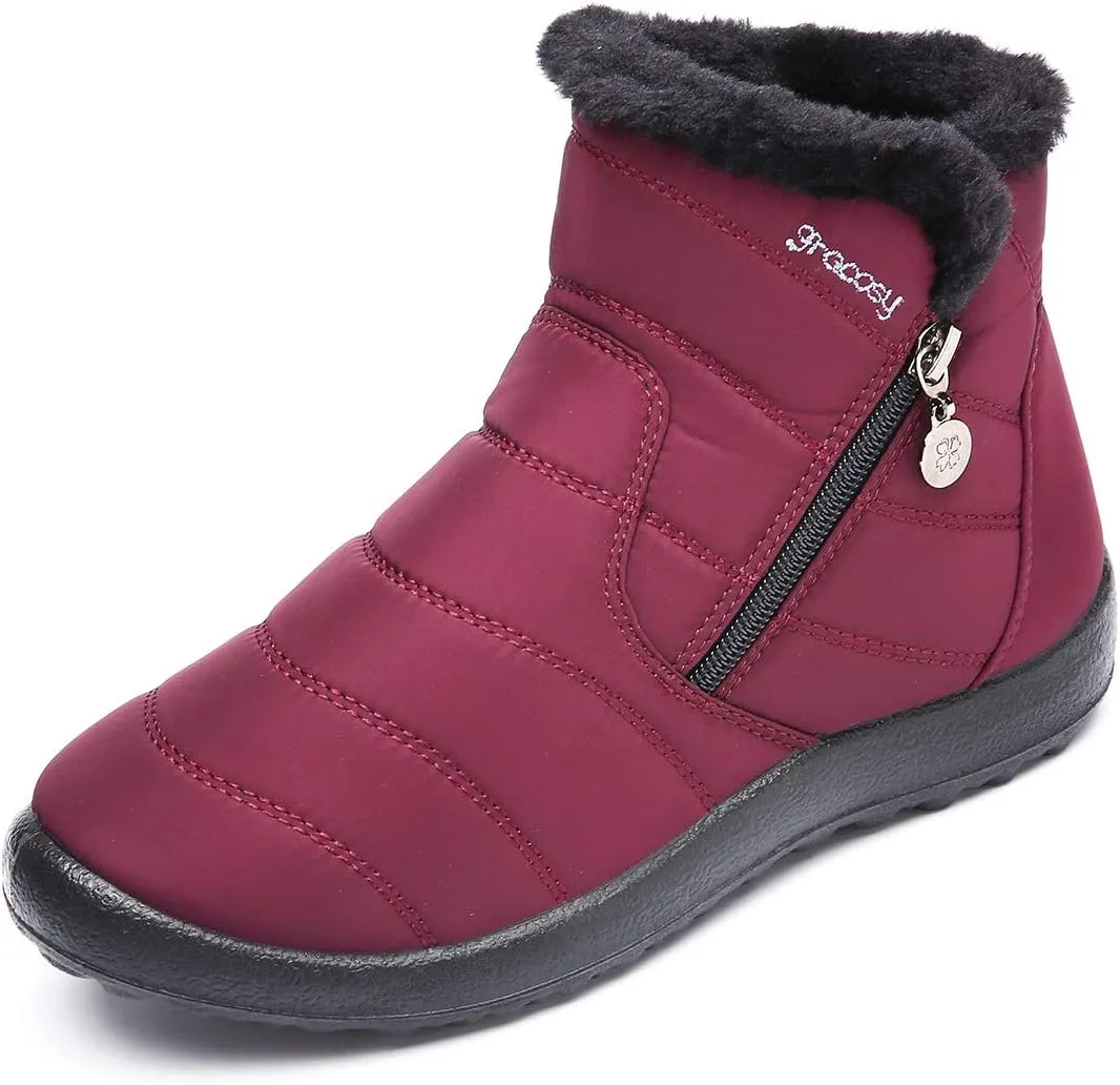 gracosy Warm Snow Boots, Women's Winter Ankle Bootie Anti-Slip Fur Lined Ankle Short Boots Waterproof Slip On Outdoor Shoes